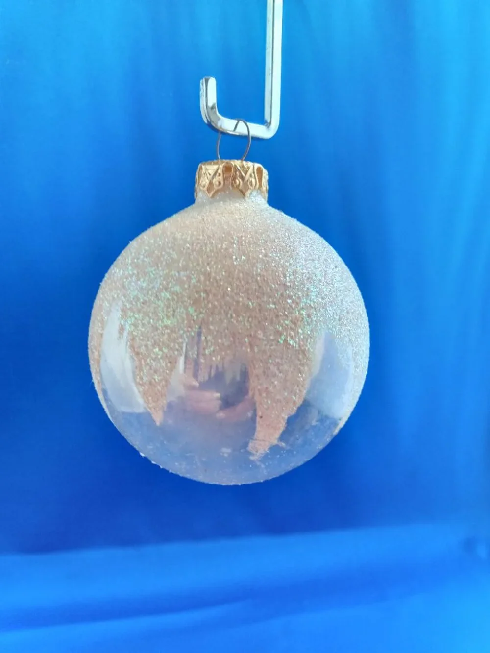 5 vintage glass with hand painted glitter Christmas  ornaments in box
